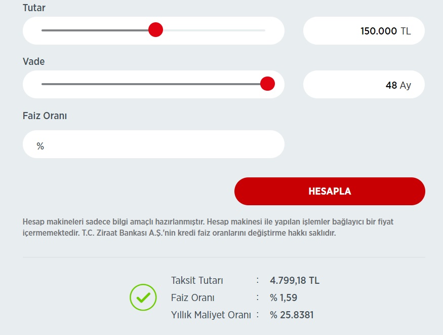 Ziraat Bankası 150 Bin TL, 200 Bin TL, 250 Bin TL Taşıt Kredisi Taksit Hesaplamaları!