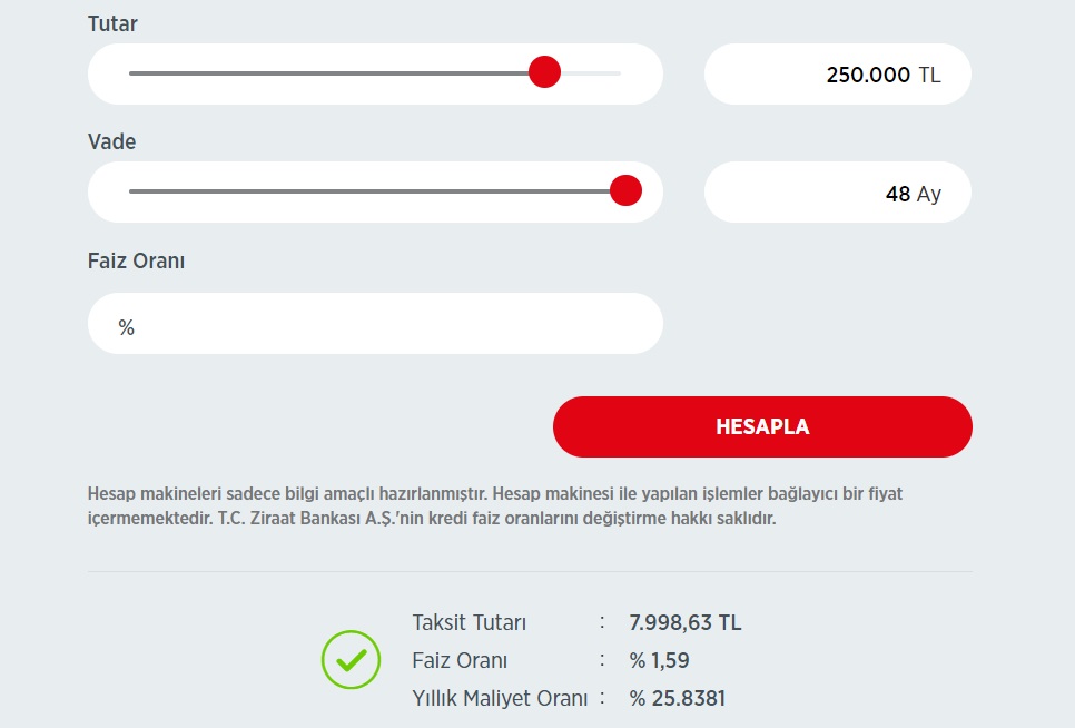 Ziraat Bankası 150 Bin TL, 200 Bin TL, 250 Bin TL Taşıt Kredisi Taksit Hesaplamaları!