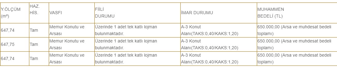 647 M2 Arazi Üzerine Kurulu Tek Katlı 3 Adet Müstakil Lojman Satışa Çıkarıldı