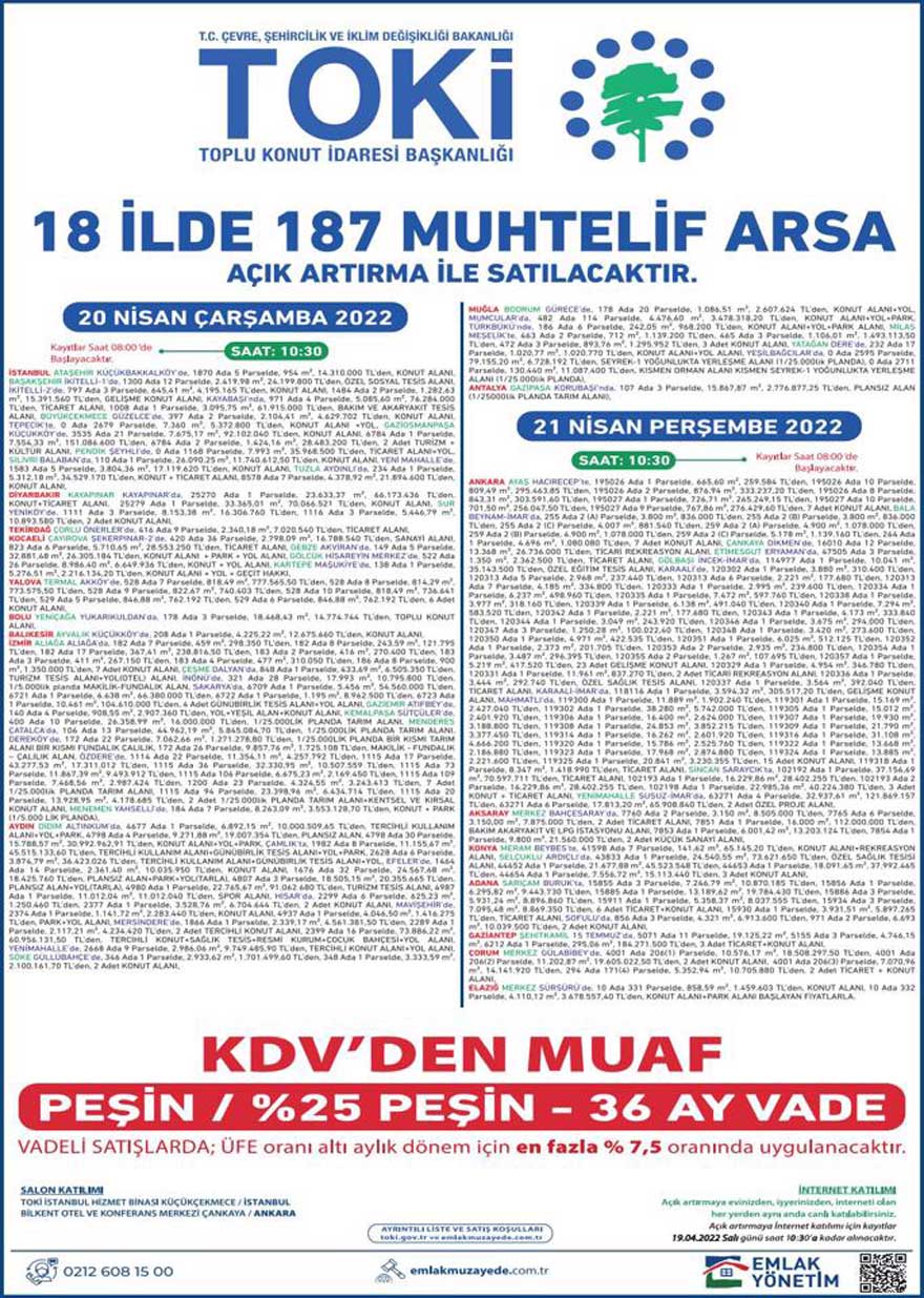 Yüzde 25'i Peşin 36 Ay Vadeyle TOKİ'den 18 Şehirde 187 Muhtelif Arsa Satışı