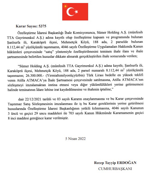 Sümer Holding, TEÜAŞ, Hazine Arazileri! Yeni Özelleştirme Kararları İle Satışı Yapılan Taşınmazlar Resmi Gazete'de