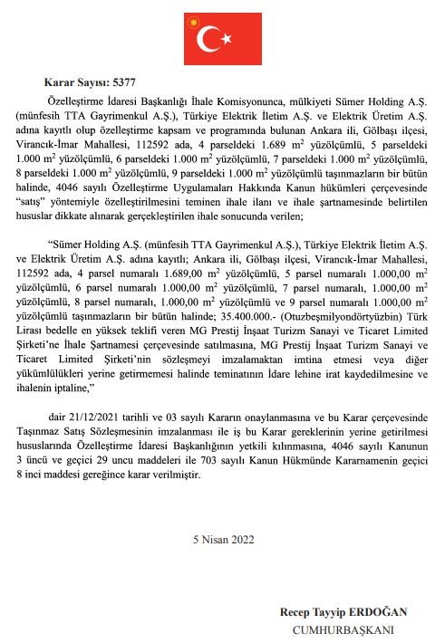 Sümer Holding, TEÜAŞ, Hazine Arazileri! Yeni Özelleştirme Kararları İle Satışı Yapılan Taşınmazlar Resmi Gazete'de