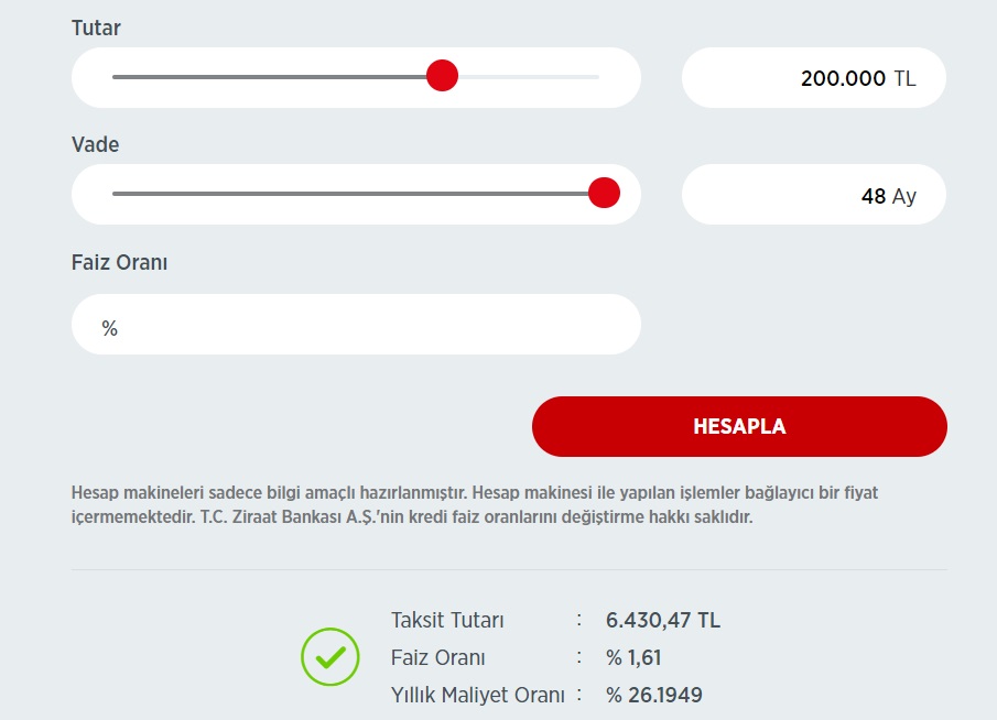 Yüzde 1,61 Faizle Taşıt Kredisi Veren Ziraat Bankası'nda 150 Bin TL, 200 Bin TL, 250 Bin TL Kredi Maliyet Hesaplamaları