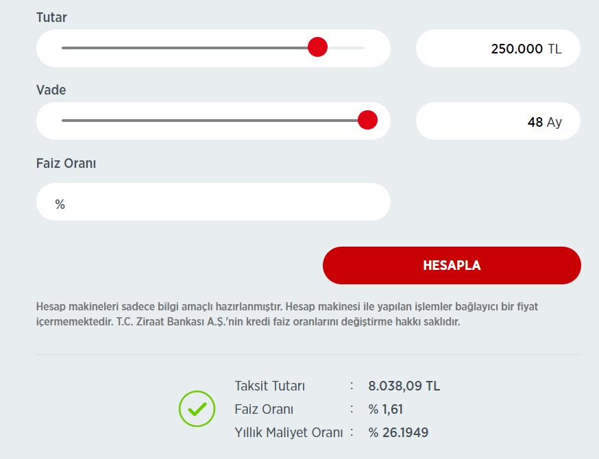 Yüzde 1,61 Faizle Taşıt Kredisi Veren Ziraat Bankası'nda 150 Bin TL, 200 Bin TL, 250 Bin TL Kredi Maliyet Hesaplamaları