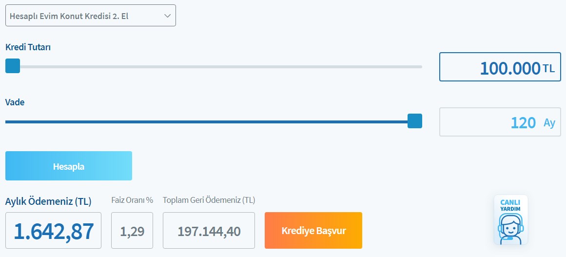 İkinci El Evlere Devlet Bankalarından En Uygun Faizli Konut Kredisi Hesaplama Ekranı