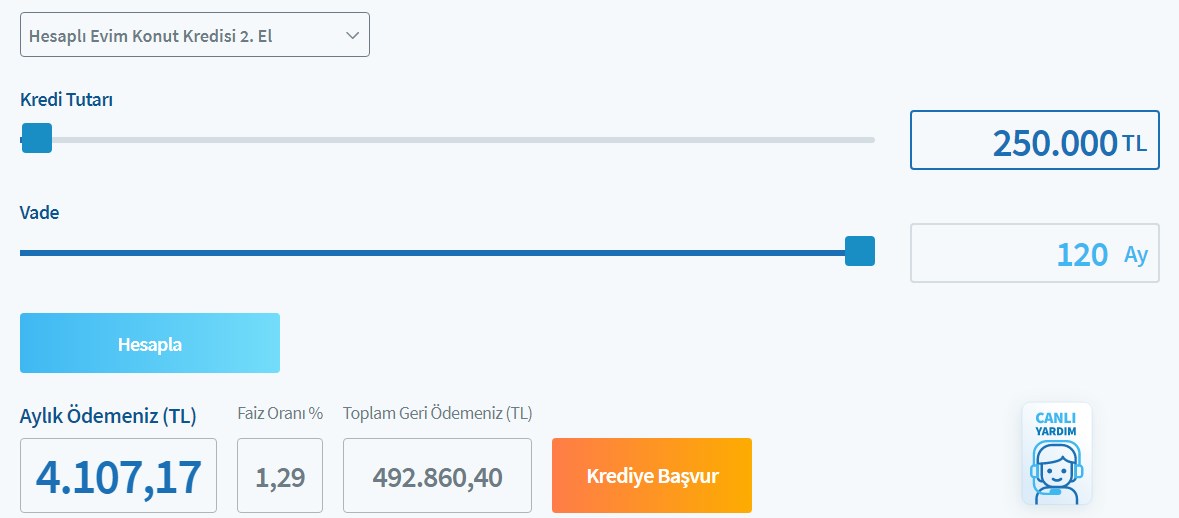 İkinci El Evlere Devlet Bankalarından En Uygun Faizli Konut Kredisi Hesaplama Ekranı