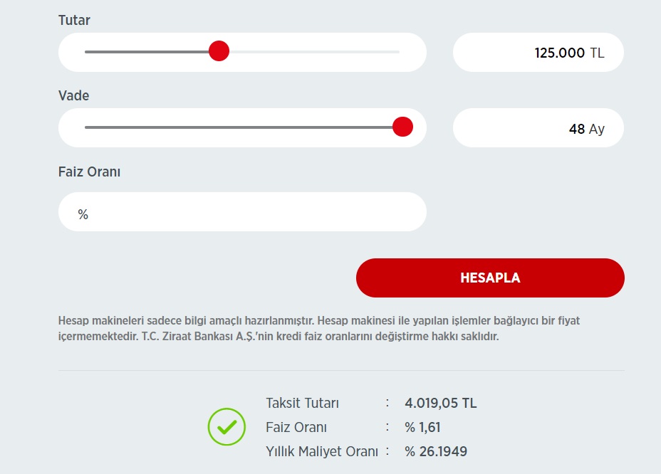 Ziraat Bankası 48 Ay Vadeli 125 Bin TL Taşıt Kredisi Hesaplama Tablosu!