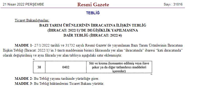 Tarım Bakanlığı'nın Gıda Düzenleme Yetkisine Süt ve Krema da Dahil Edildi