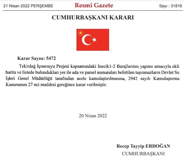 Yeni Rize Otogar Projesi ve İnecik Barajı Yapımı İçin Tekirdağ ve Rize'de Acele Kamulaştırma Kararı Çıktı!