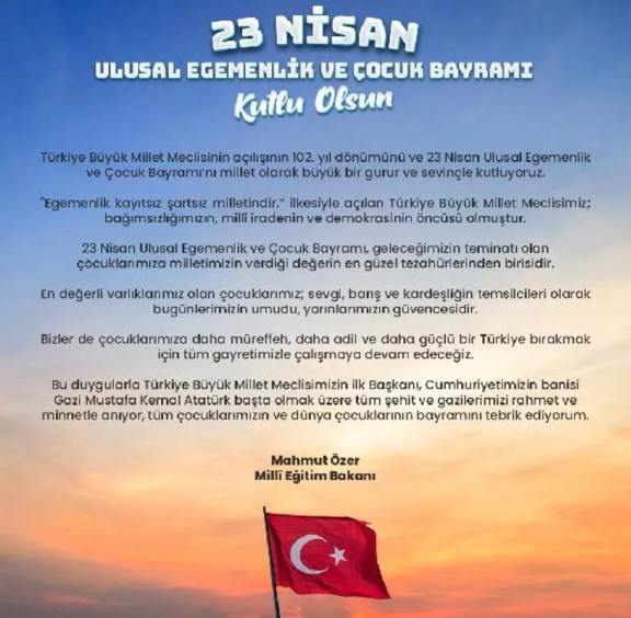 Bakan Özer'den 23  Nisan Ulusal Egemenlik ve Çocuk Bayramı Mesajı