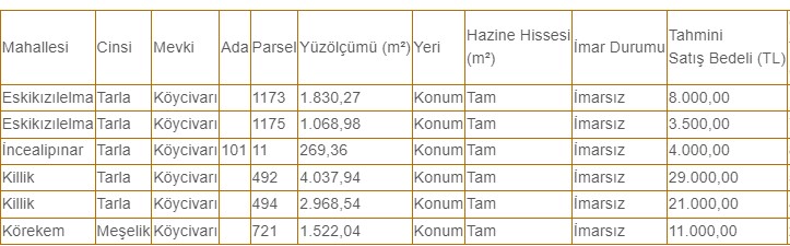 Eşinizden dostunuzdan alamazsınız! 1830, 4037 m2 hazine arazileri 8.000 ve 29.000 TL'ye satılık