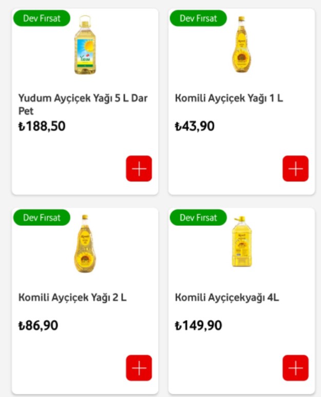 Ayçiçek Yağına 50 TL'lik Dev İndirim! Vodafone Marketten Alana 4 LT Yudum Ayçiçek Yağı 89,90 TL, 5 GB İnternet Bedava