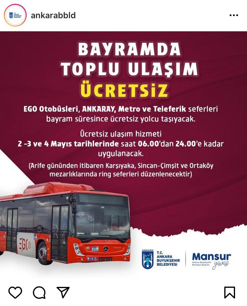 Bayramda Ankara'da toplu taşıma ücretsiz mi? 2-3-4 Mayıs otobüs, Ankaray, metro teleferik bedava mı?