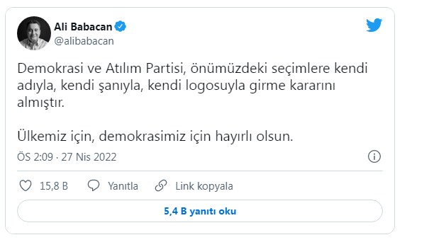 DEVA Partisi Genel Başkanı Babacan'dan Seçime Hazırız Açıklaması