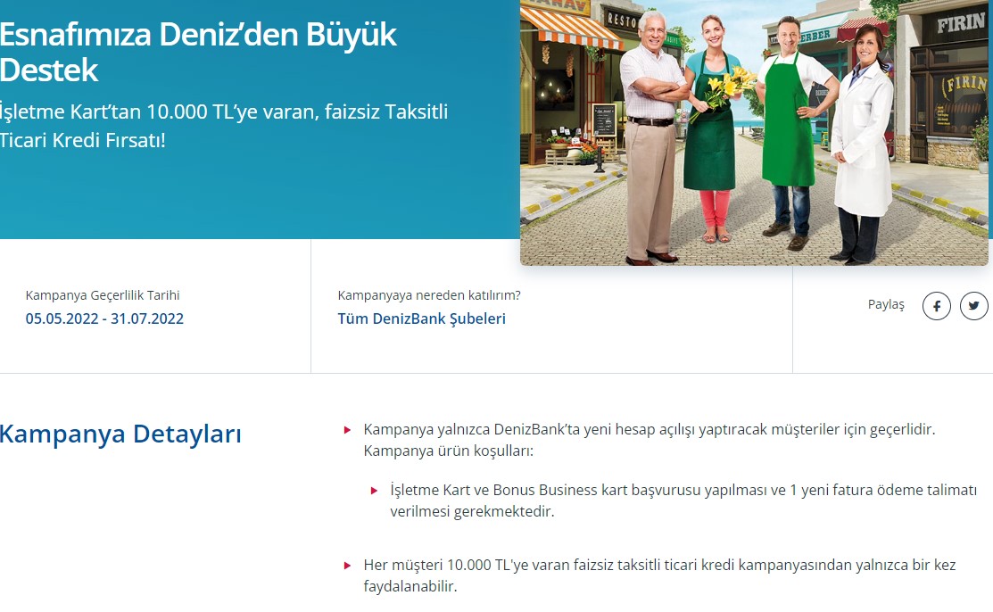 Denizbank'tan Esnaflara Sıfır Faizli, 60 Ay Vadeli Destek Kredisi! 10.000 TL Esnafa Faizsiz Kredi Kampanyası Başvurusu