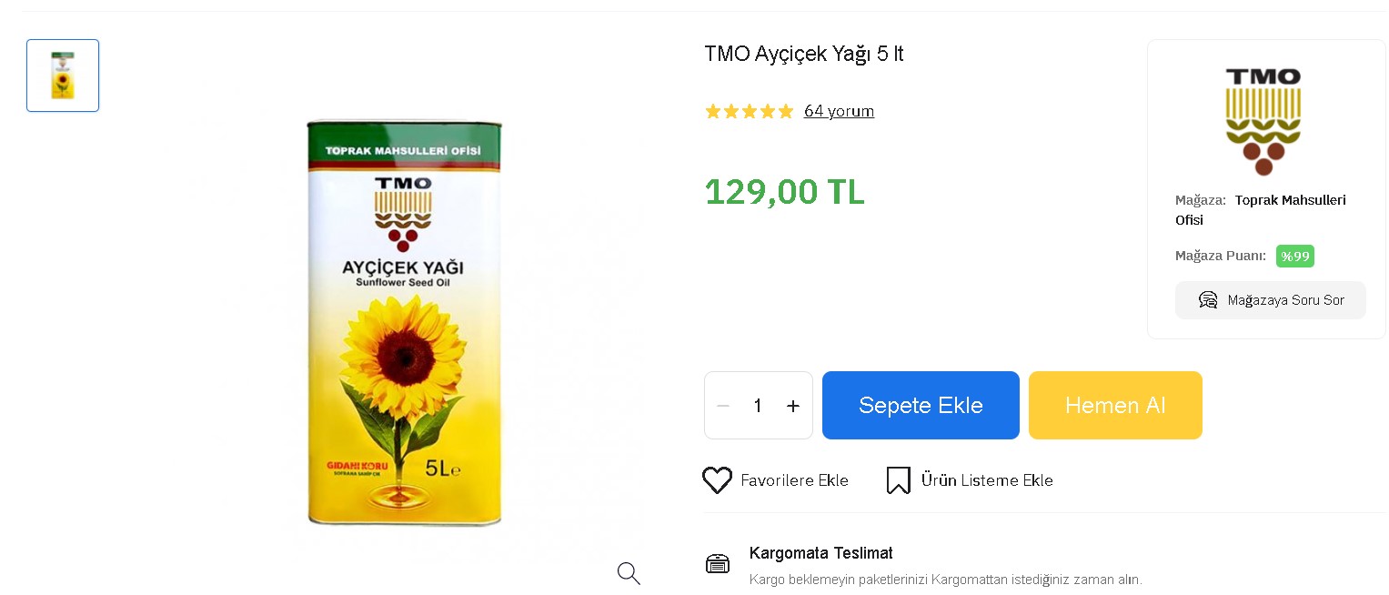 En Ucuz Ayçiçek Yağı Fiyatlarına PTT AVM Darbesi! Adrese Teslim Kargo Bedava TMO Tarım Kredi, Yudum 5 LT Yağ Fiyatları