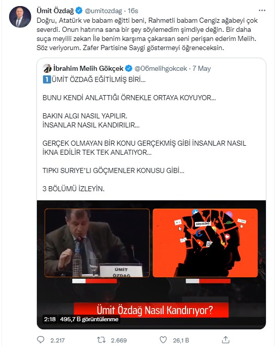 Ümit Özdağ Melih Gökçek'e Sert Çıktı