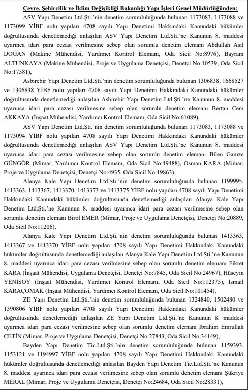 Yapı Denetim Cezaları Resmi Gazete İle Yayımlandı! Çevre ve Şehircilik Bakanlığı İş Almama Cezası Verilen İsimler Kimler