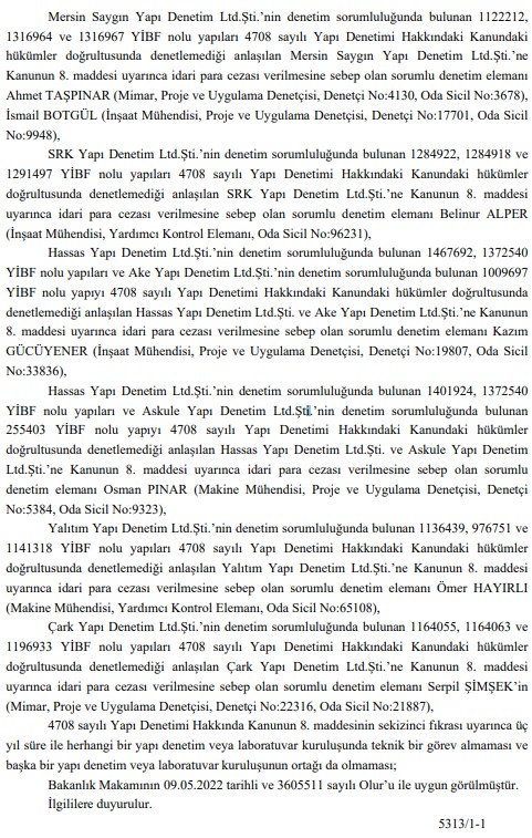 Yapı Denetim Cezaları Resmi Gazete İle Yayımlandı! Çevre ve Şehircilik Bakanlığı İş Almama Cezası Verilen İsimler Kimler