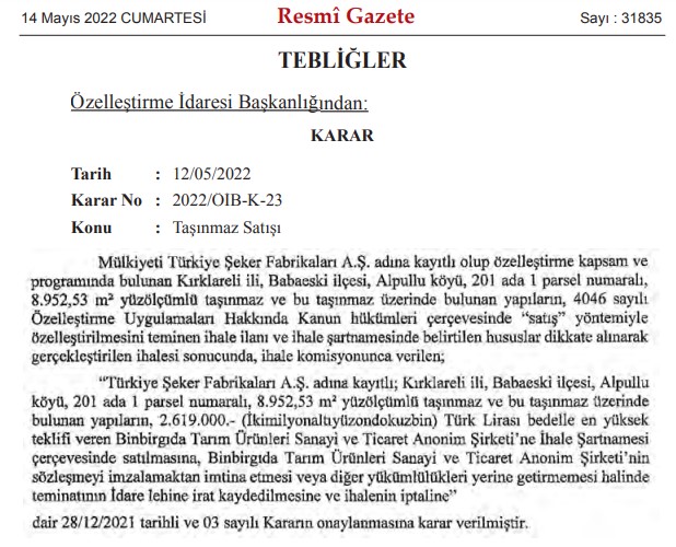 Resmi Gazete İle Son Dakika: Şeker Fabrikaları Yeni Özelleştirme Kararları Açıklandı!