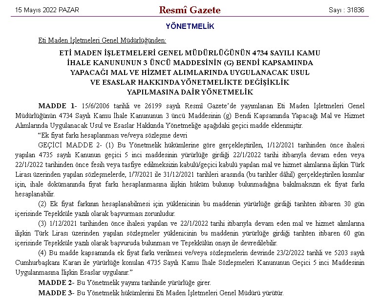 Ek Fiyat Farkı Kararı Resmi Gazete İle Bugün Yayımlandı! ETİ Maden ve TEDAŞ İçin Karar Verildi