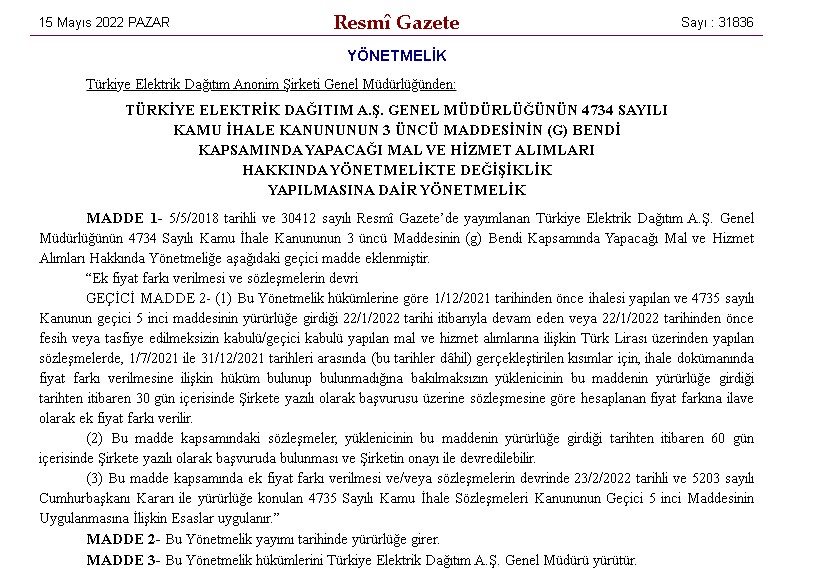 Ek Fiyat Farkı Kararı Resmi Gazete İle Bugün Yayımlandı! ETİ Maden ve TEDAŞ İçin Karar Verildi