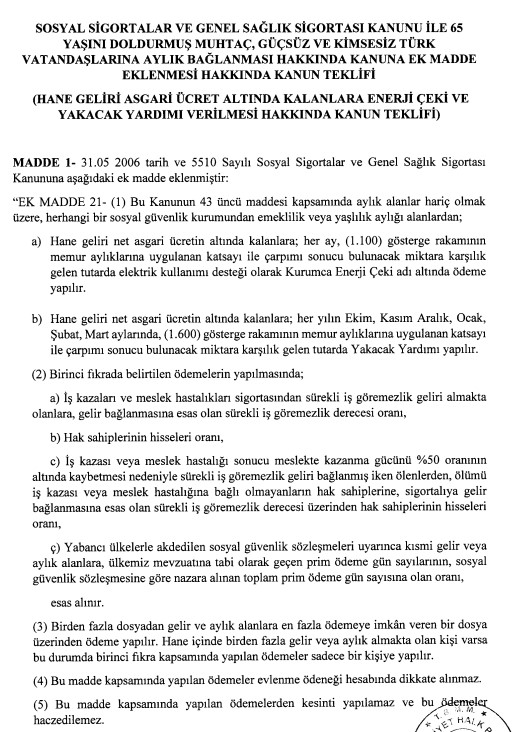 Emeklilere, 65 Yaş Aylığı Alanlara Elektrik Faturası Enerji Çeki Yardımı ve Yakacak Desteği İçin Kanun Teklifi Mecliste!