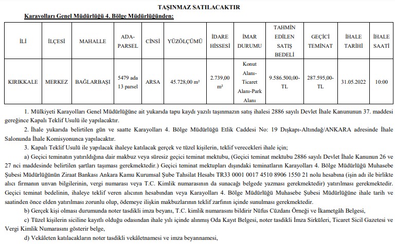 Yatırımlık Arsalar Arayanlar Dikkat! Karayolları Genel Müdürlüğü Arsa Satış İhalesi İlanı Yayımladı