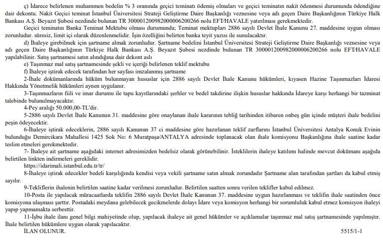 İstanbul Teknik Üniversitesi İTÜ Antalya'da Satılık Konut İhalesi İlanı Yayımladı! Muratpaşa'da Satılık Daireler