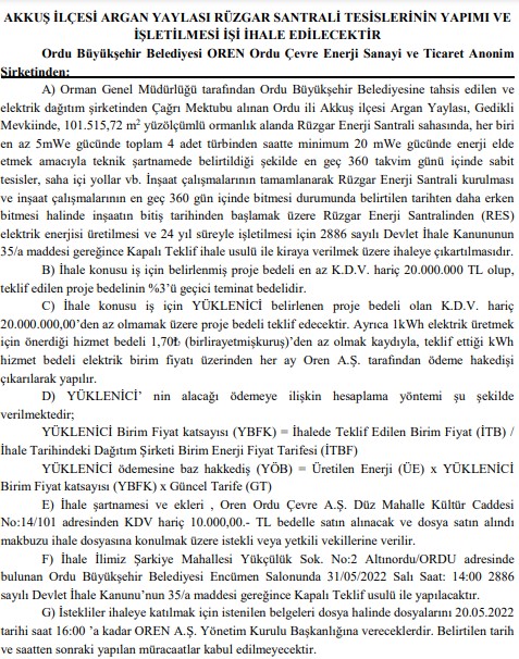 Argan Yaylası Rüzgar Santrali Projesi İçin İhale İlanı Yayımlandı!