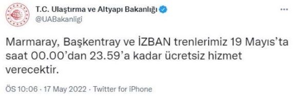 19 Mayıs otobüsler ücretsiz mi, 19 Mayıs'ta İZBAN, Başkentray, Marmaray bedava mı?