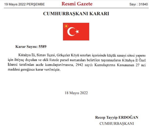 Küçük Sanayi Sitesi İnşaatında Kütahya Simav Gökçeler Köyü İçin Acele Kamulaştırma Kararı Çıktı!