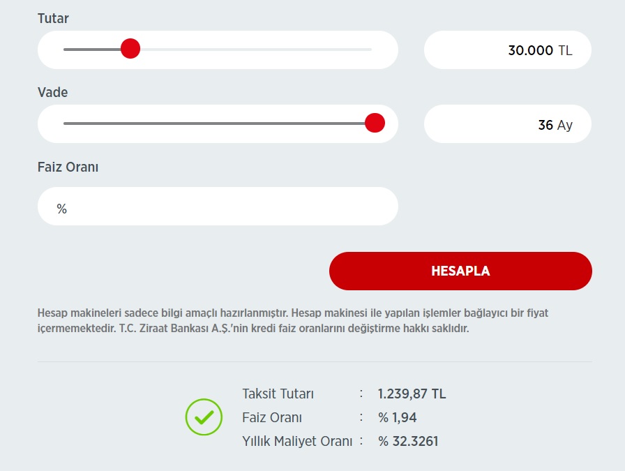 30 Bin TL, 40 Bin TL, 50 Bin TL İhtiyaç Kredisi! Ziraat Bankası 36 Ay Vadeli Taksit Hesaplamaları!