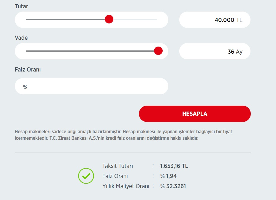 30 Bin TL, 40 Bin TL, 50 Bin TL İhtiyaç Kredisi! Ziraat Bankası 36 Ay Vadeli Taksit Hesaplamaları!