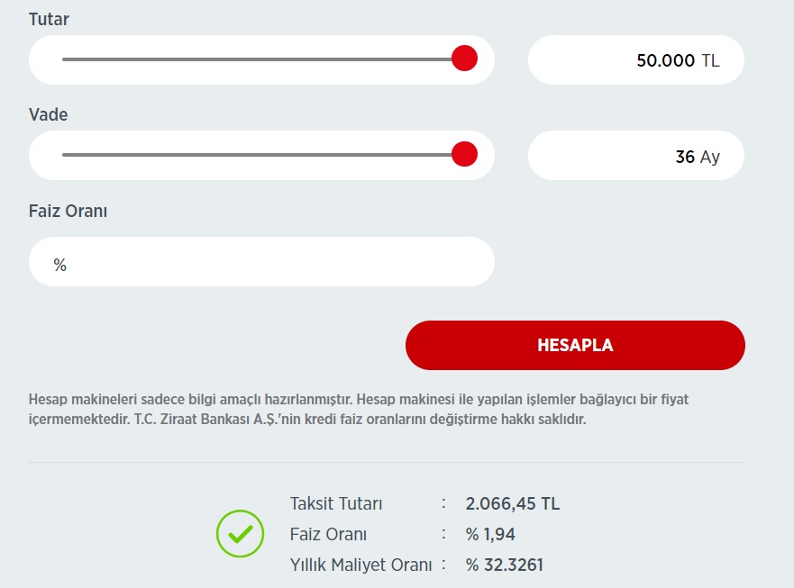 30 Bin TL, 40 Bin TL, 50 Bin TL İhtiyaç Kredisi! Ziraat Bankası 36 Ay Vadeli Taksit Hesaplamaları!