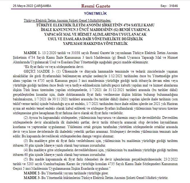 TEİAŞ Sözleşmelerine Ek Fiyat Farkı ve Sözleşmelerin Devri Kararı Resmi Gazete'de Yayımlandı!