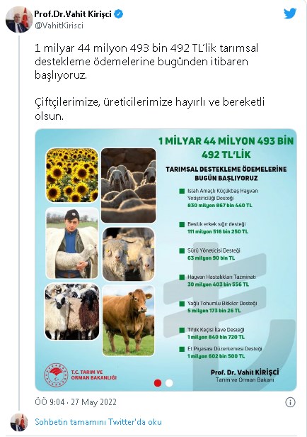 Bakan Kirişçi'den son dakika duyurusu! 1 milyar lira destek ödemeleri başladı