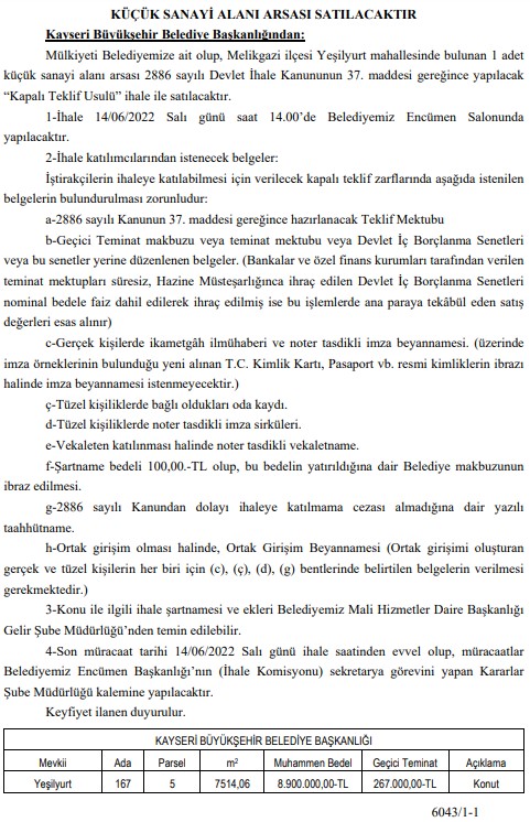 Kayseri Büyükşehir Belediyesi Küçük Sanayi Sitesi Alanı Arsası Satıyor!