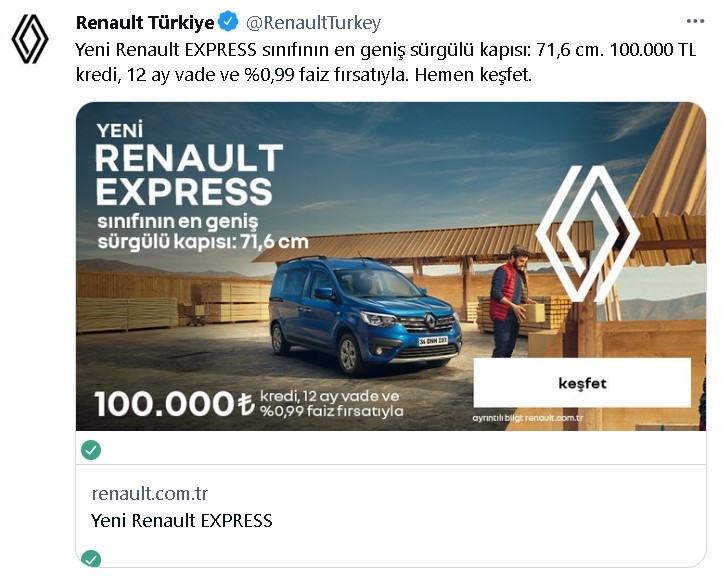 Yeni Renaut Express Combi 377 Bin Liralık Başlangıç Fiyatı ve 0.99 Kredi Fırsatı İle Satışta!