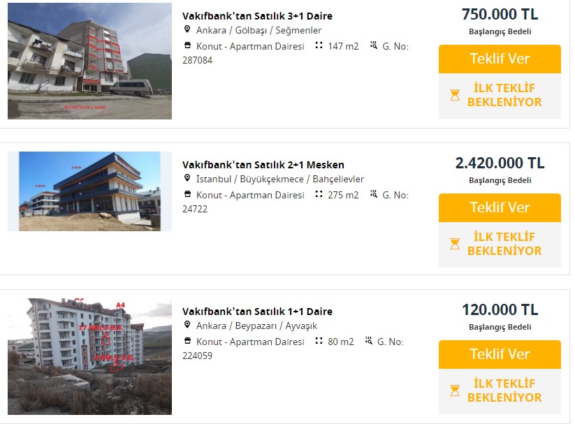 Ankara İzmir ve İstanbul'da banka konutları 120.000 TL'den başlayan ilk teklif fiyatlarıyla satılacak