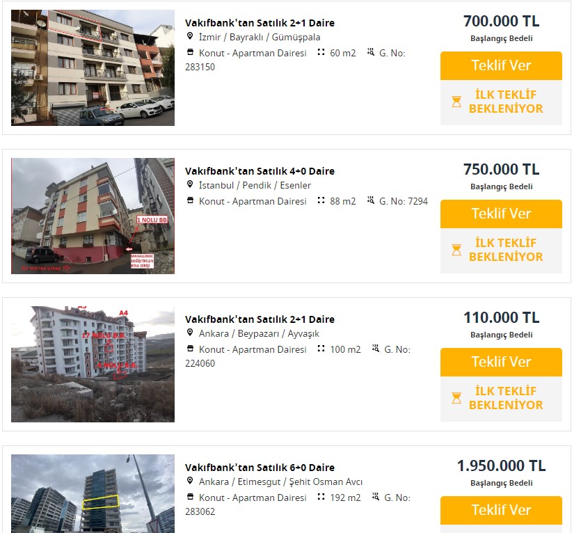 Ankara İzmir ve İstanbul'da banka konutları 120.000 TL'den başlayan ilk teklif fiyatlarıyla satılacak