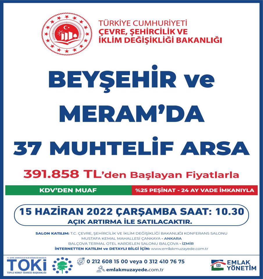 TOKİ Konya Meram ve Beyşehir'de 24 ay vadeli ödeme planıyla arsa satışı yapacak