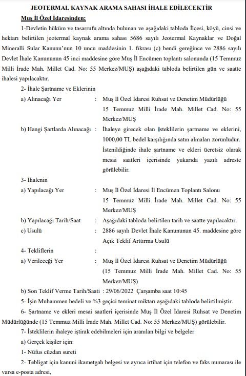 Muş İl Özel İdaresi Jeotermal Kaynak Arama Sahası İhalesi Düzenliyor!