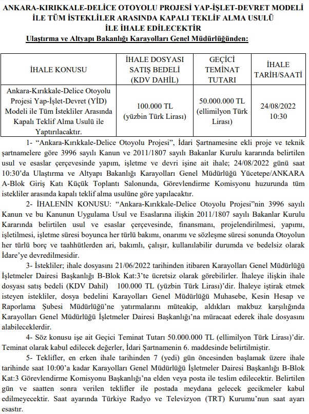 Ankara - Kırıkkale - Delice Otoyolu Projesi ve Antalya-Alanya Otoyol İhalesi Yayımlandı!