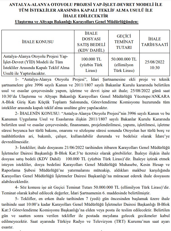 Ankara - Kırıkkale - Delice Otoyolu Projesi ve Antalya-Alanya Otoyol İhalesi Yayımlandı!