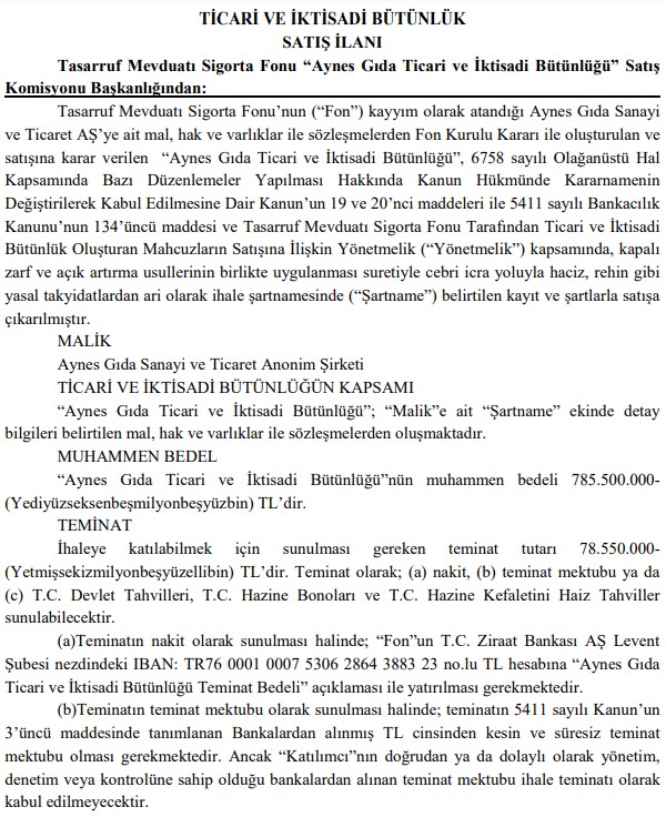 TMSF Aynes Gıda Fabrikası ve Taşınmazlarını Satışa Çıktı!