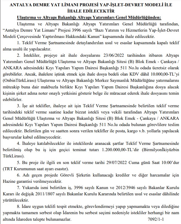 Antalya Demre Yat Limanı Projesi İhalesi YİD Modeli İle Yayımlandı!