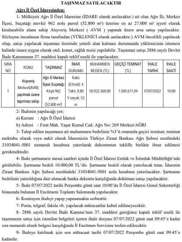 Ağrı İl Özel İdaresi Alışveriş Merkezi Yapmak İçin Arsa Satışına Çıktı! Ağrı'ya Yeni AVM Geliyor