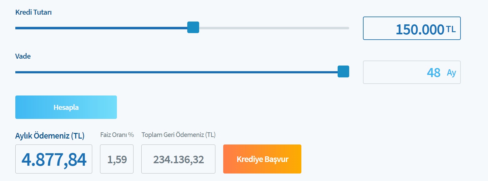 Halkbank 150 Bin TL, 200 Bin TL, 250 Bin TL Taşıt Kredisi Taksit Hesaplama Tabloları