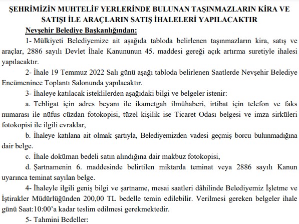 Nevşehir Belediyesi Kiralık İşyeri, Arsa ve Araç Satış İhalesi: 195 Bin Liraya 2000 Model 2. El Satılık Mercedes S320